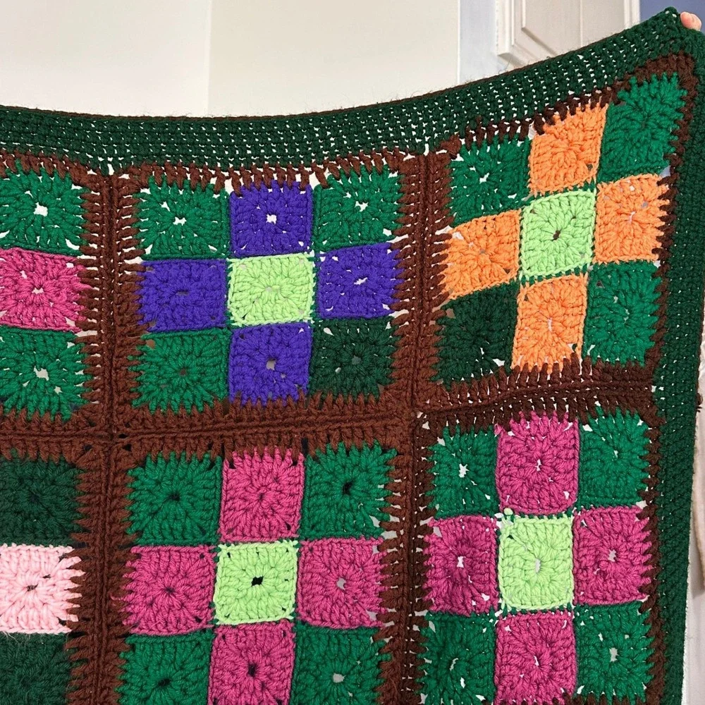 VTG 70s Granny‎ Square Crochet Blanket Throw Cottagecore Boho Handmade 42x42
